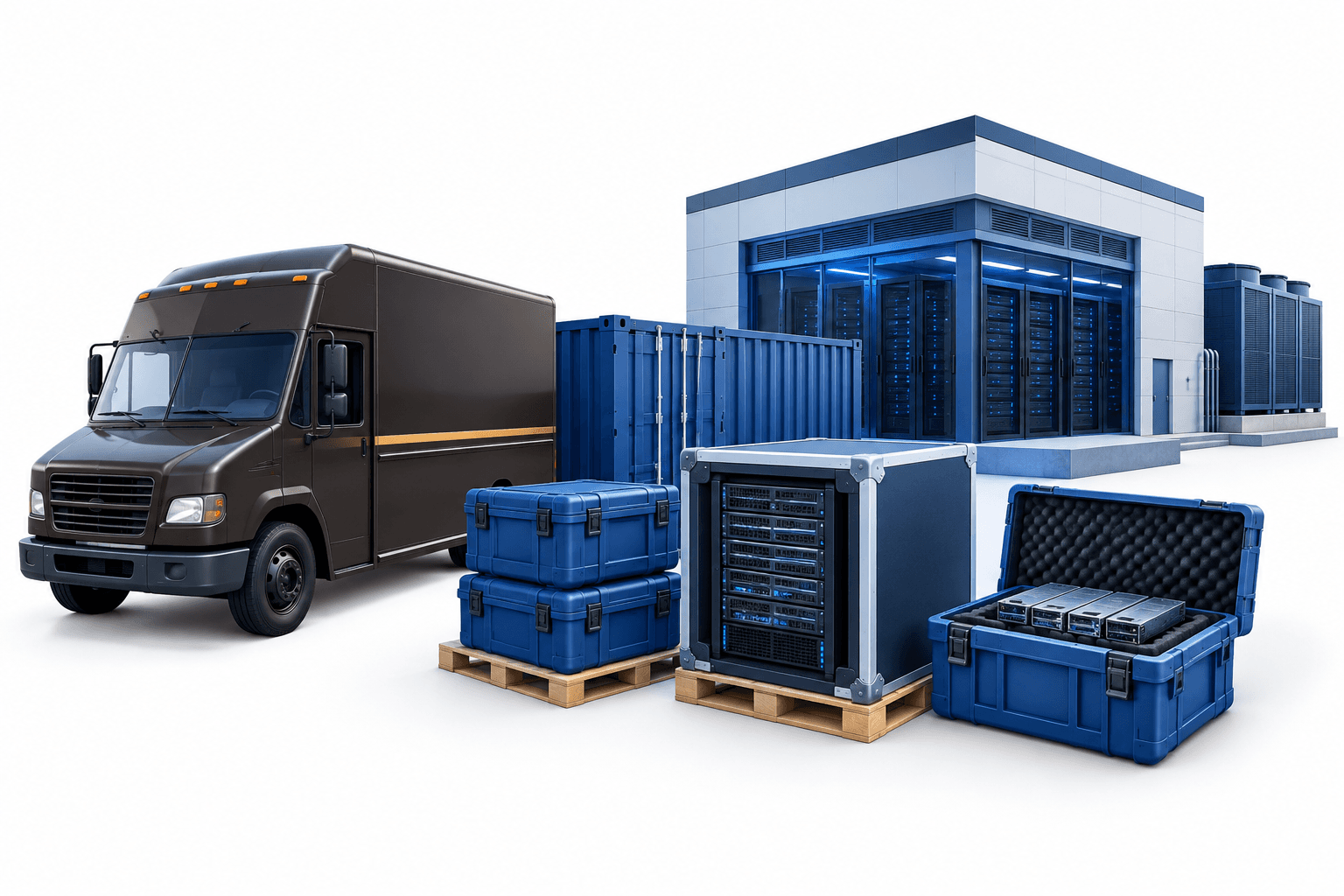 UPS data center logistics illustrated with shipping equipment and a stylized data center