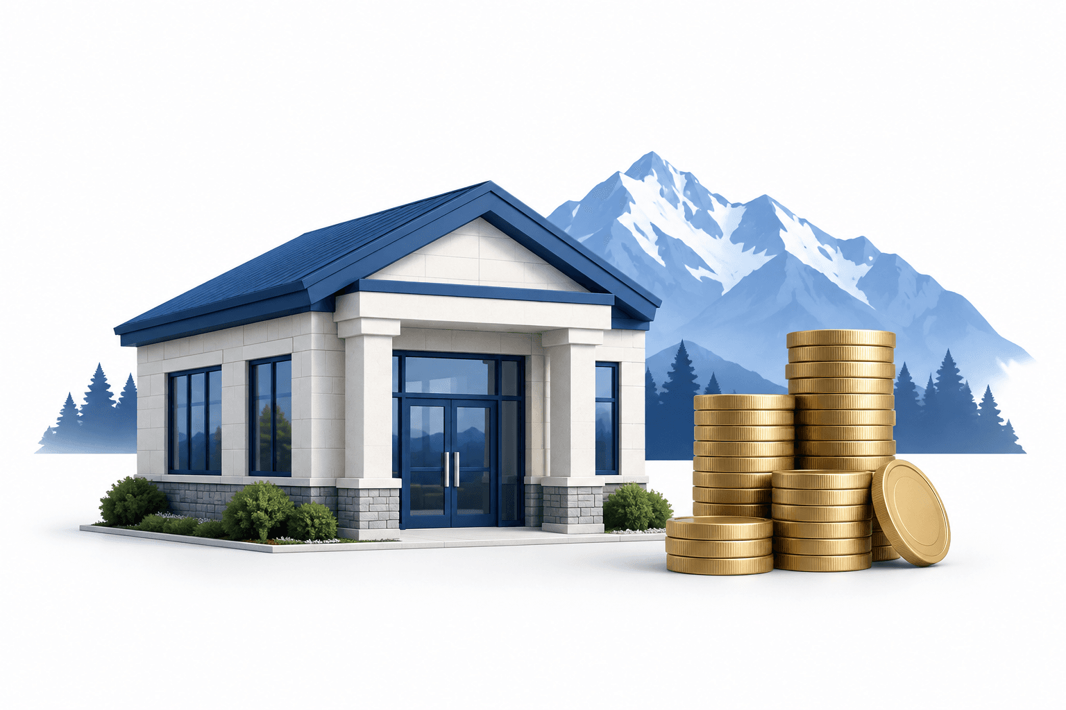 Illustration of a Colorado bank and coins representing Alpine Bank earnings