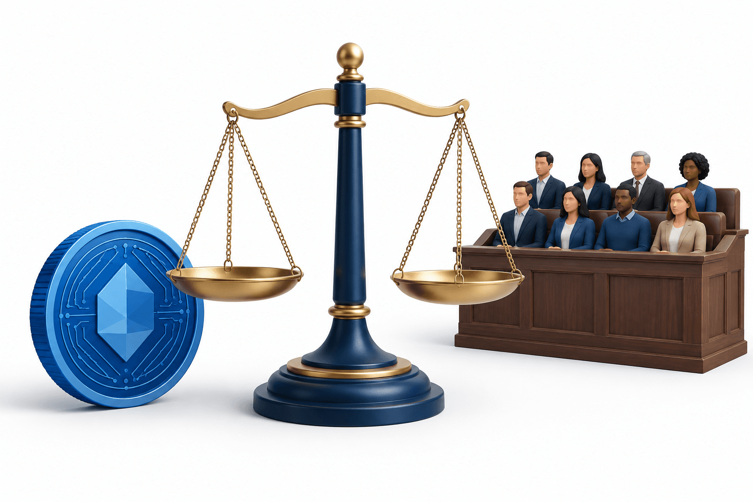 Concept illustration of a crypto fraud trial with justice scales and a digital token