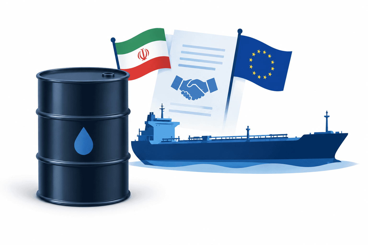 Illustration of an oil barrel, tanker and diplomatic document representing oil prices and supply risks