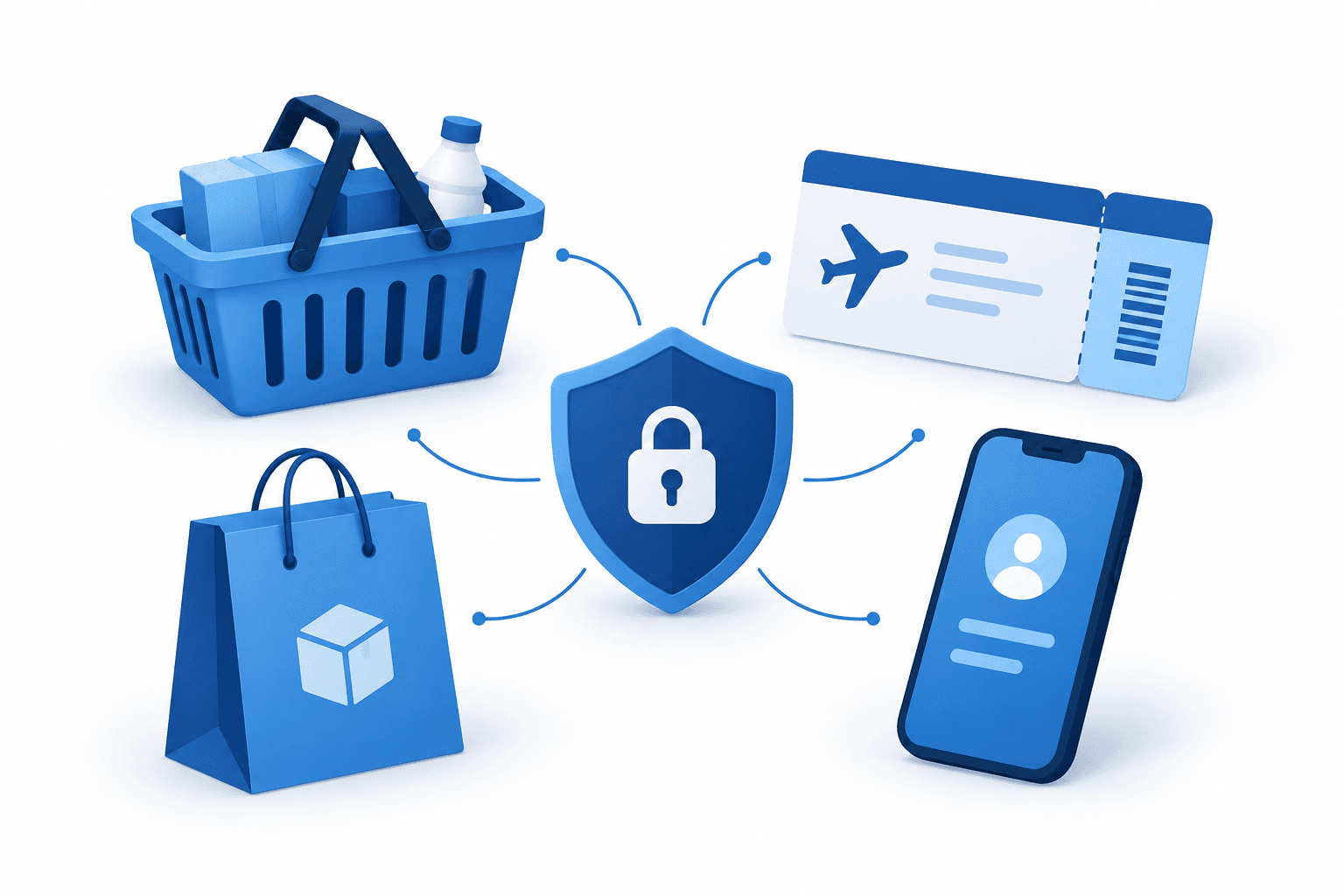 Personalized pricing illustration with a shopping basket, airline ticket, delivery bag, phone and privacy shield