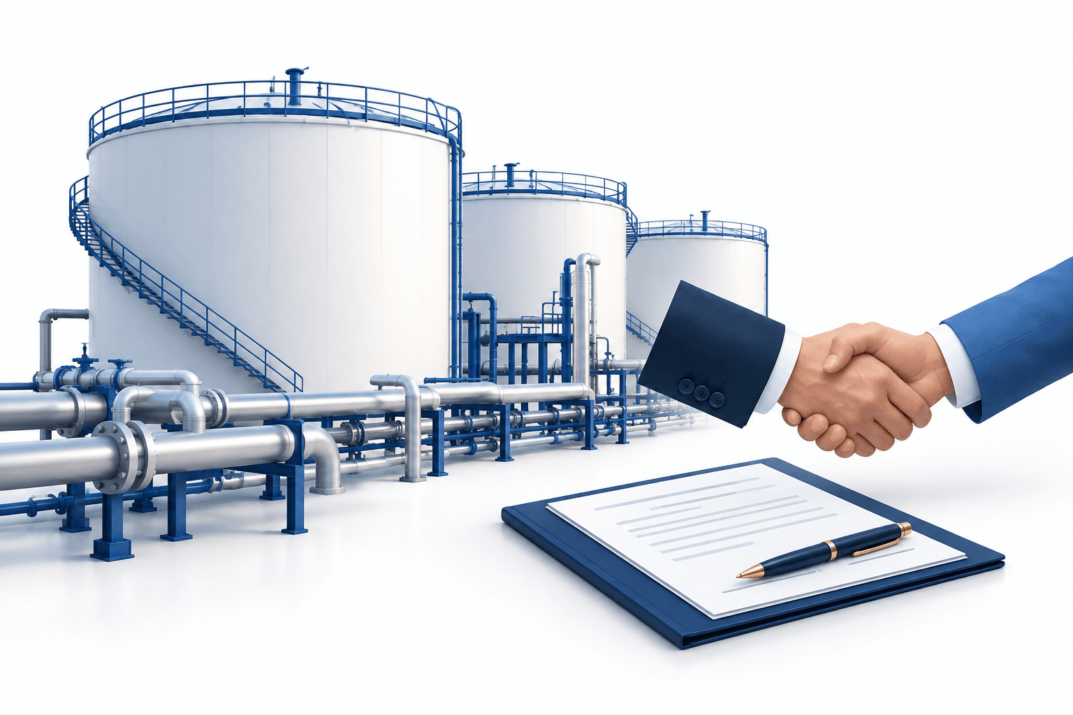 Concept illustration of storage tanks and an agreement representing the potential VTTI acquisition