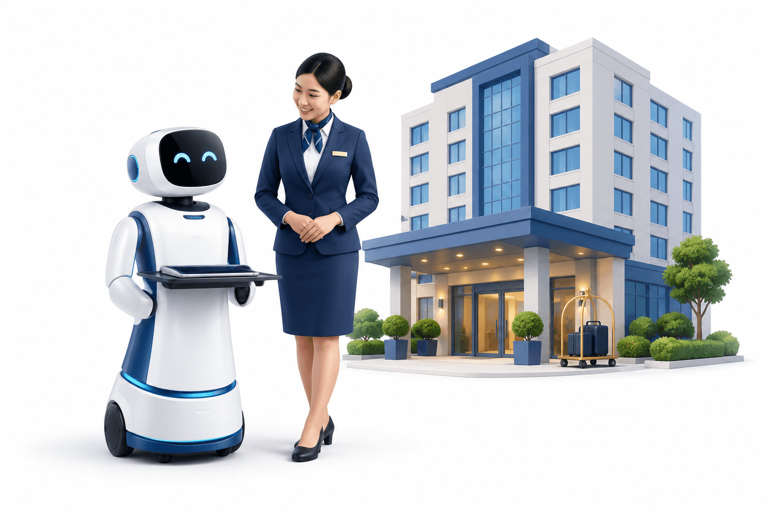 Illustration of a hotel worker and service robot representing the YYForce Malaysia revenue target