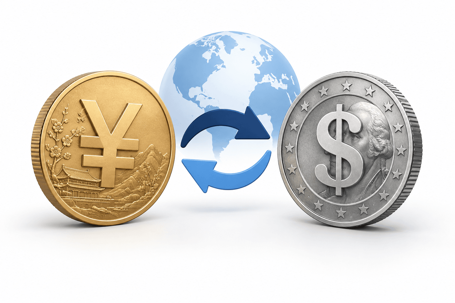 Illustration of China yuan and US dollar coins representing the exchange rate.