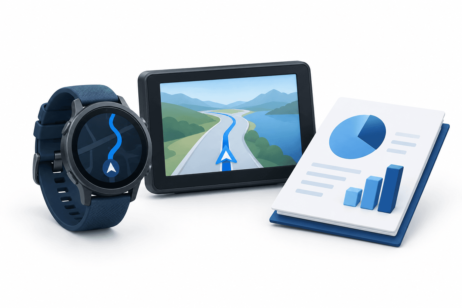 Illustration of wearable and navigation devices alongside a financial report representing Garmin guidance