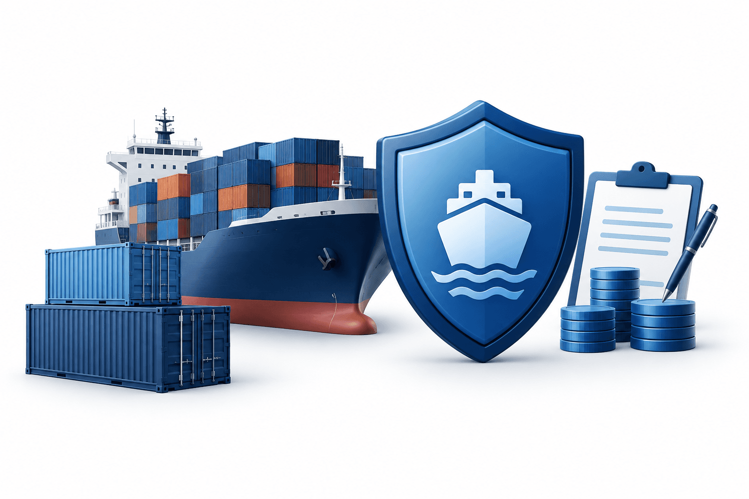 Illustration of a cargo vessel, containers and insurance shield representing Falvey Insurance and its cargo business.