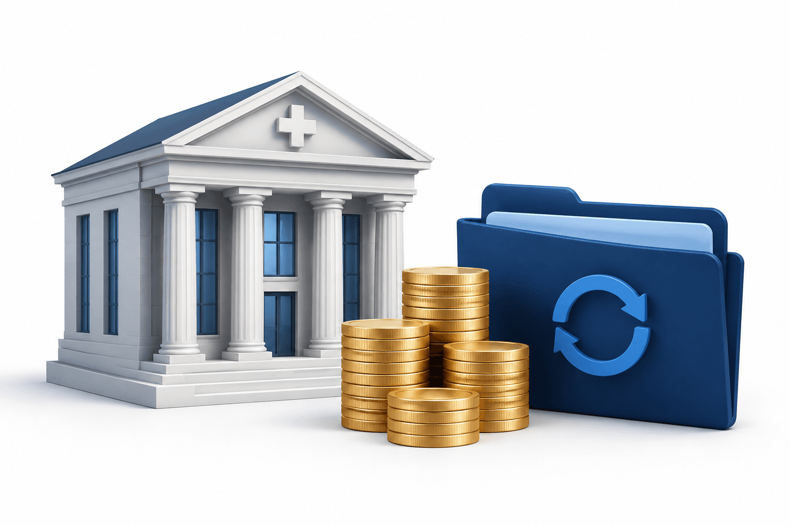Illustration of UBS earnings using a bank building, coins and a portfolio folder