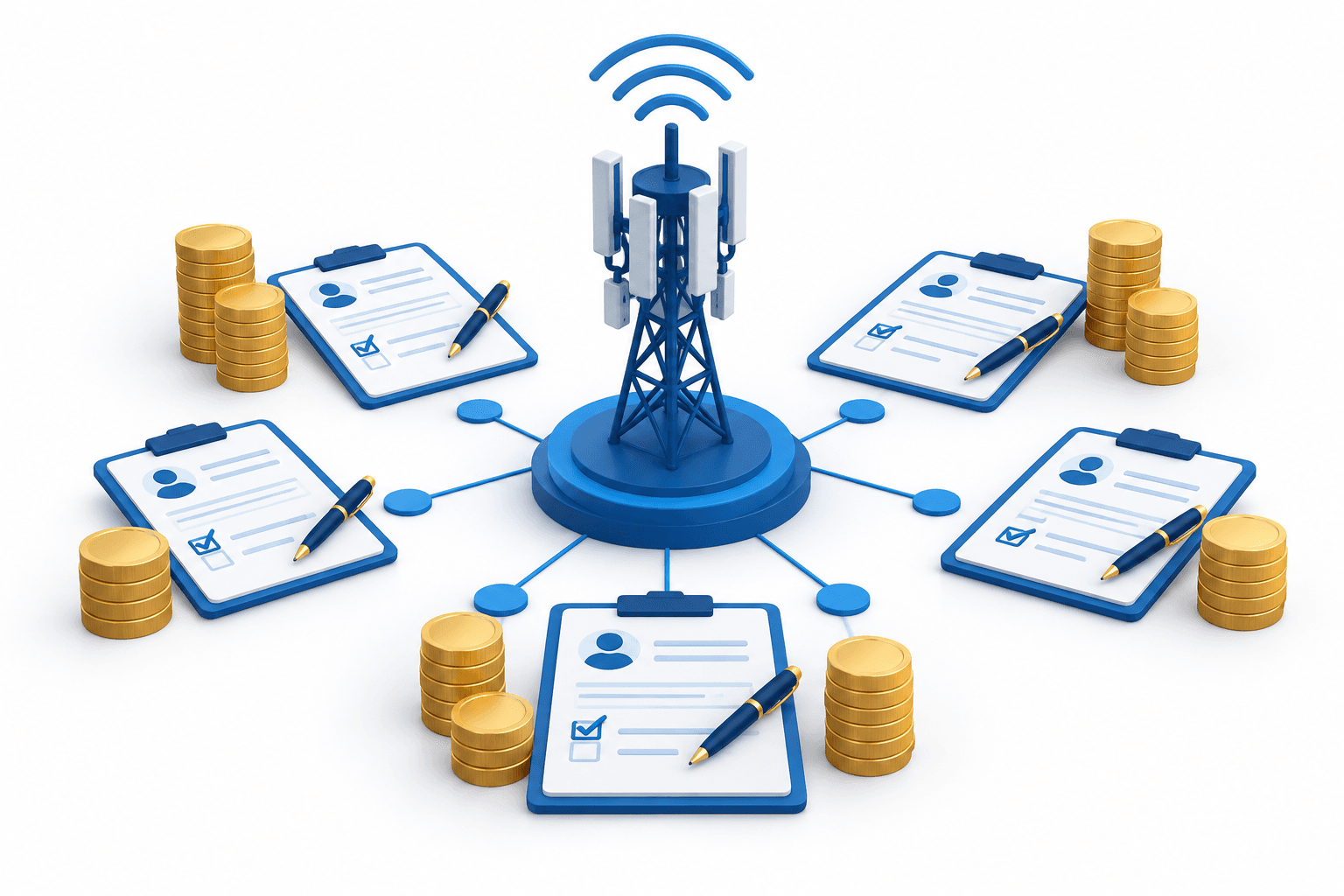 Illustration of a telecommunications network and investment applications representing the Jio IPO