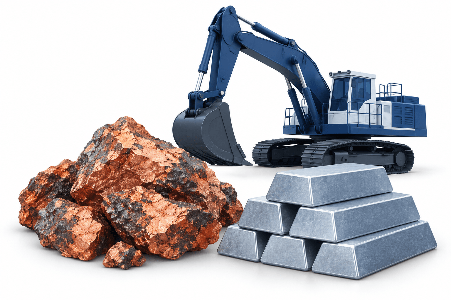 Illustration of copper ore, zinc ingots and mining equipment representing Teck earnings