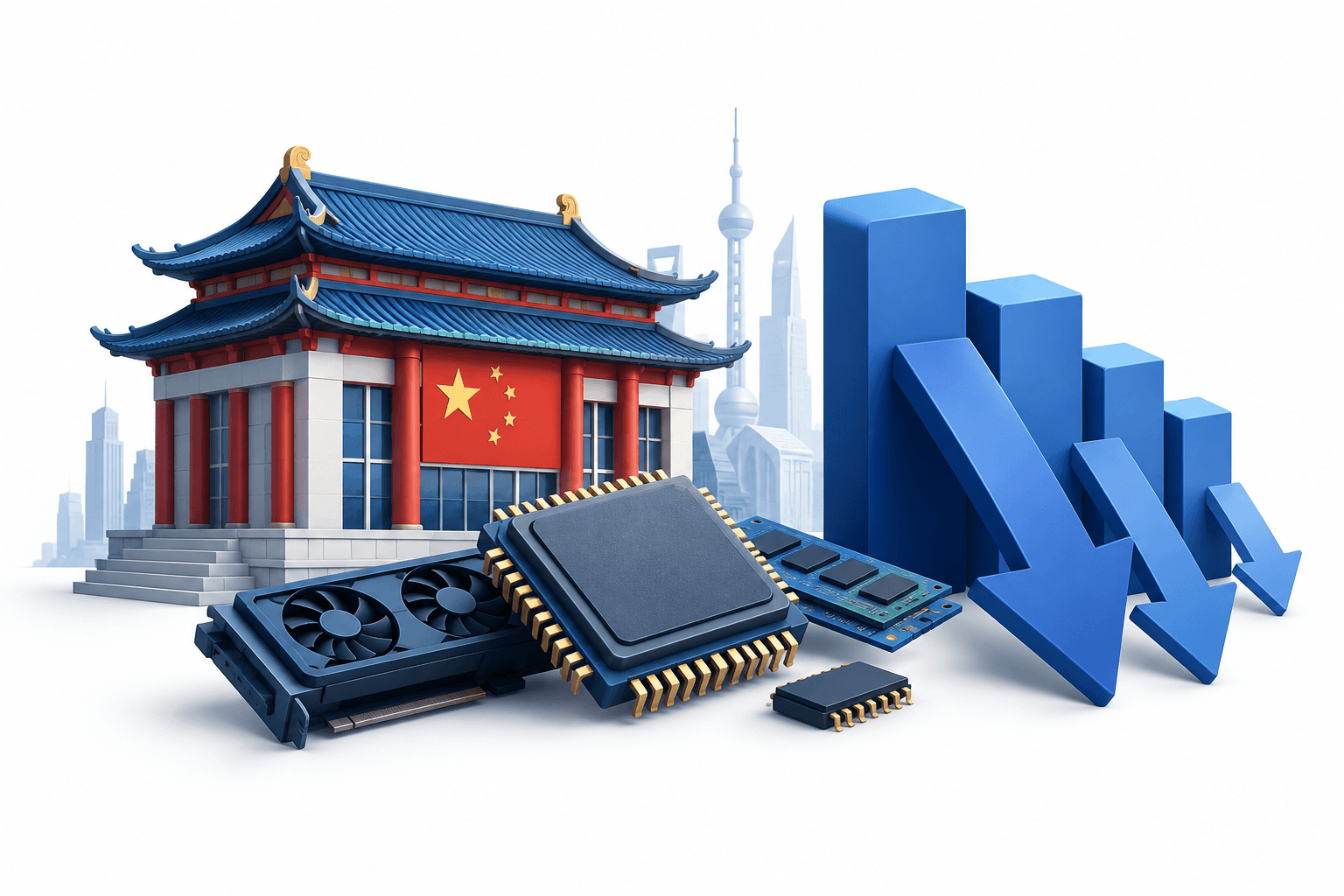 Concept illustration of China stocks and technology shares declining