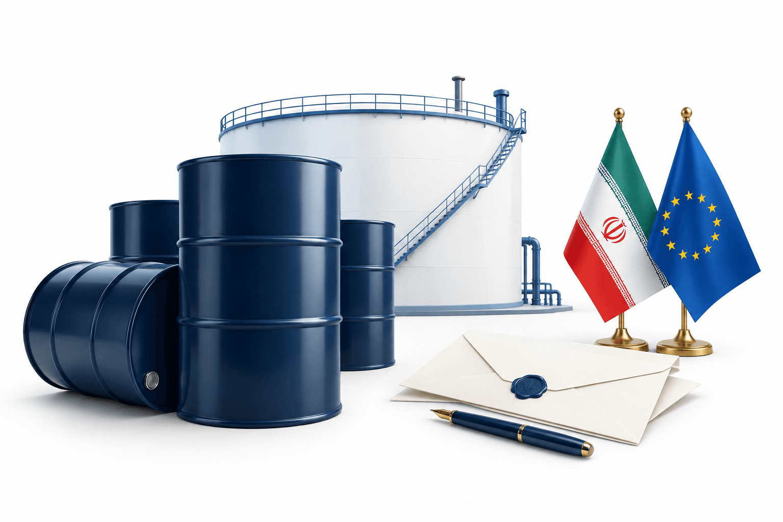 Oil barrels and a letter illustrate Brent crude futures and diplomatic developments
