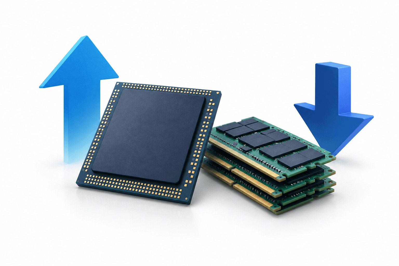Illustration of memory chips and directional arrows representing Micron stock
