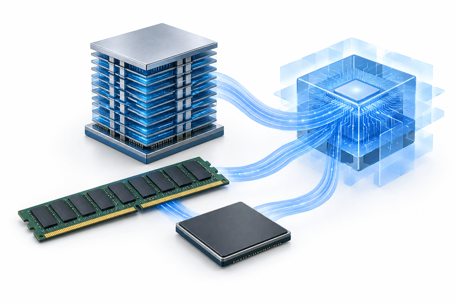 Micron technology concept illustration showing memory stacks and storage chips connected to an abstract AI computing form.