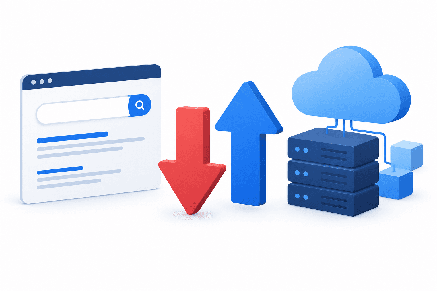 Alphabet shares illustration with a search interface, cloud infrastructure and contrasting arrows
