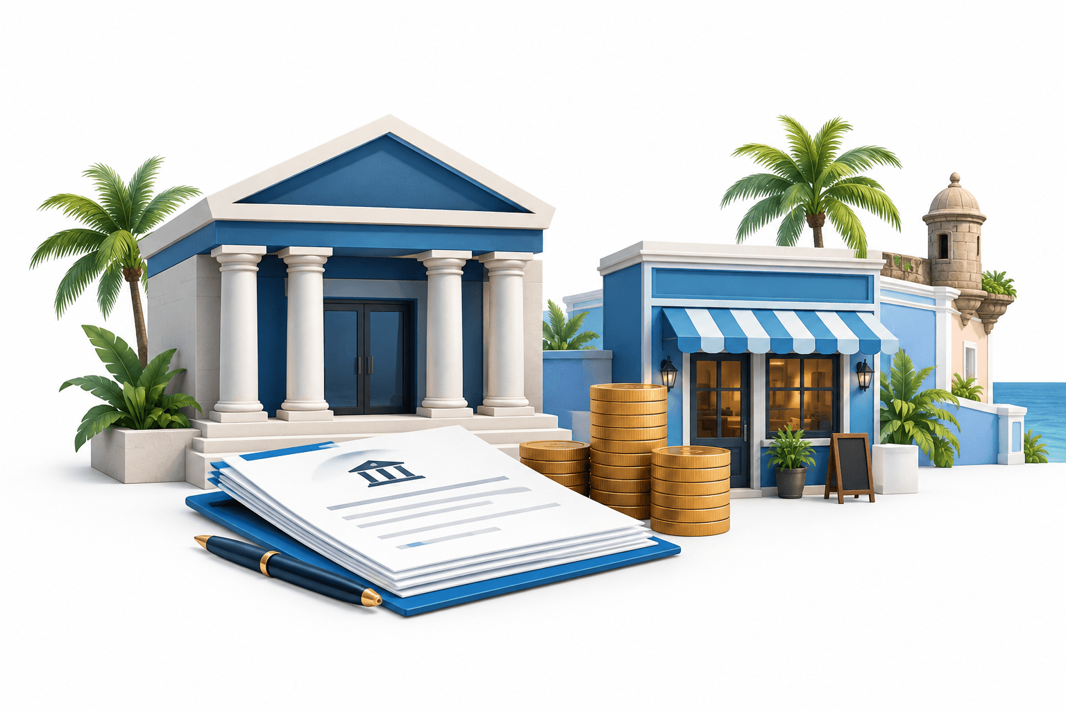 OFG earnings concept illustration showing a bank, business lending documents and stacks of coins.