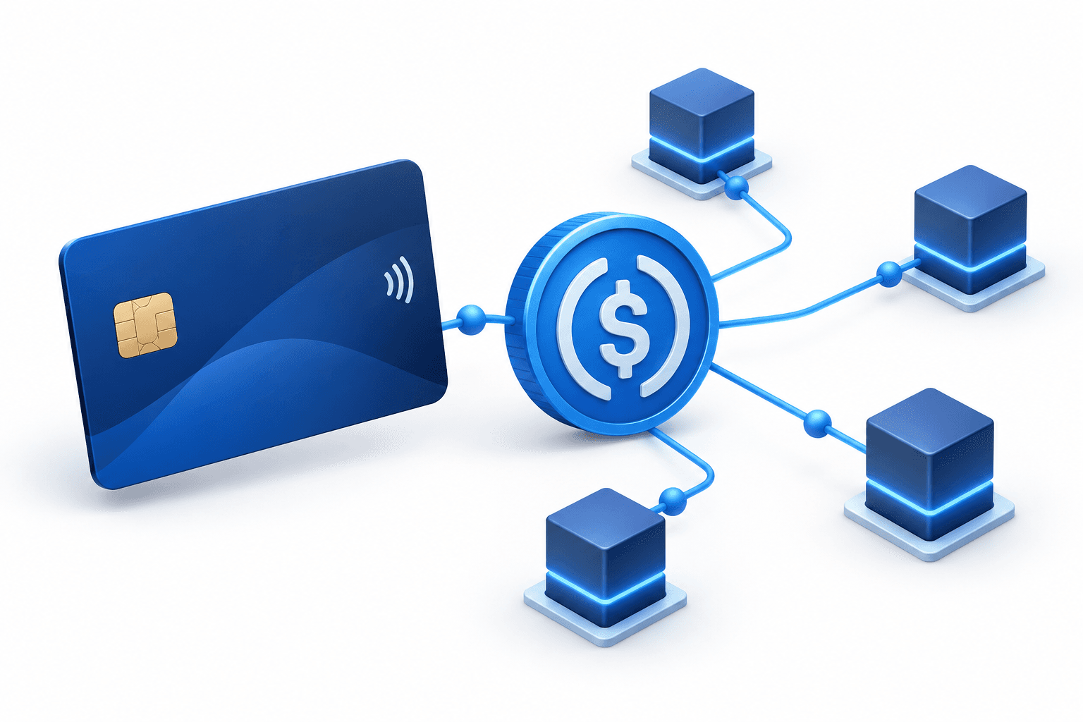 Concept illustration of Visa stablecoin settlement with a payment card, digital coin and blockchain nodes