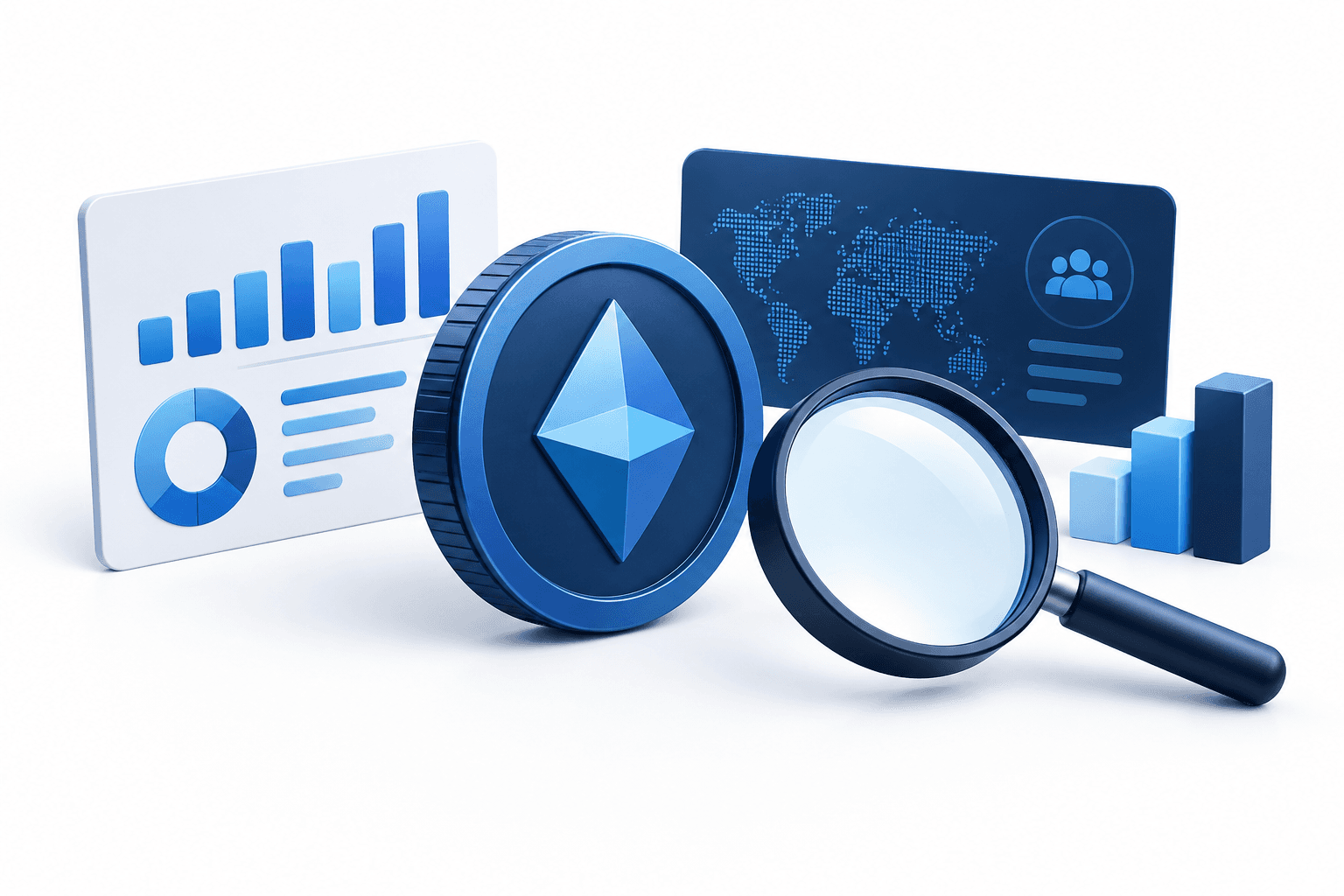 Illustration of Talos research using a magnifying glass and digital asset data symbols