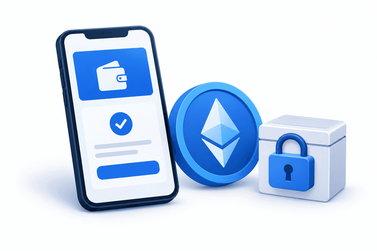 Illustration of Alipay crypto trading with a payment phone, digital token and escrow lock