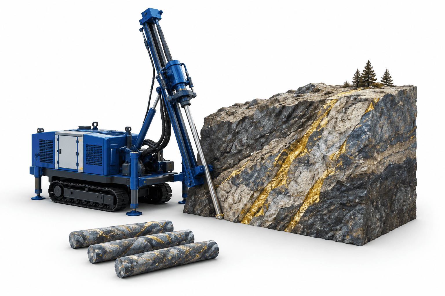 Concept illustration of High Lake drilling equipment and gold-bearing rock