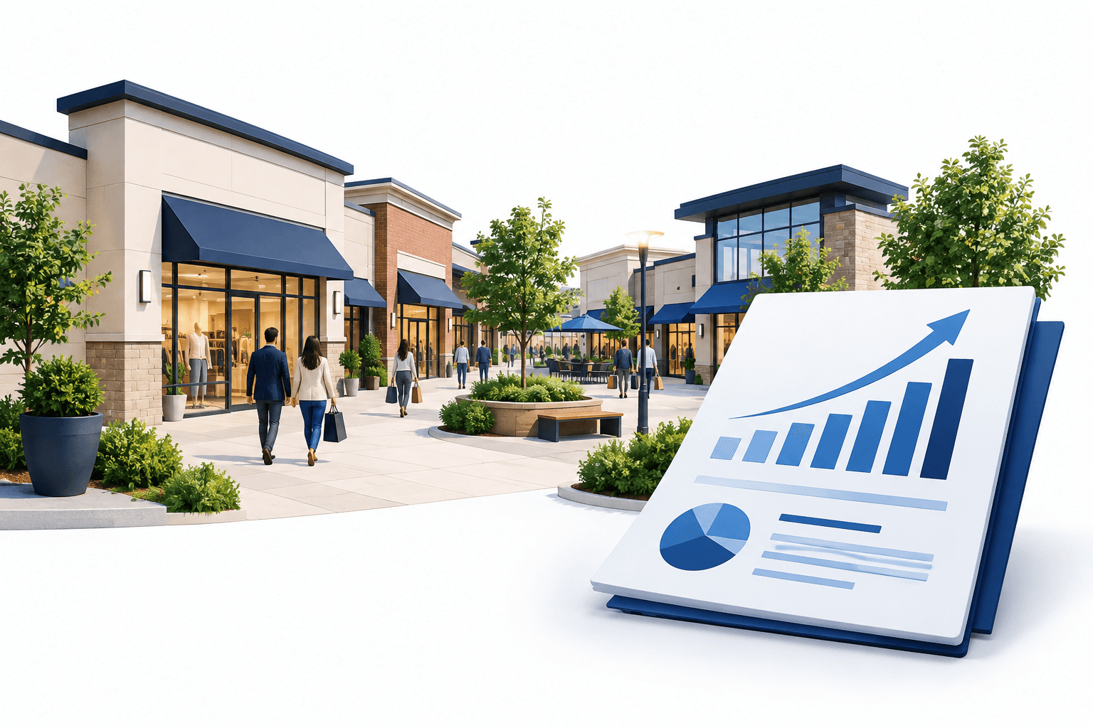 Illustration of an open-air shopping center and an earnings report for Kimco Realty earnings