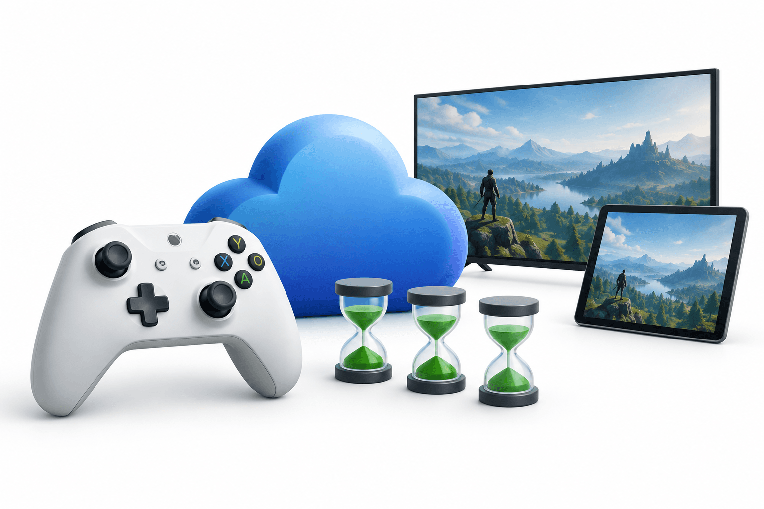 Xbox cloud gaming concept illustration with a controller, cloud, hourglass tokens and connected devices.