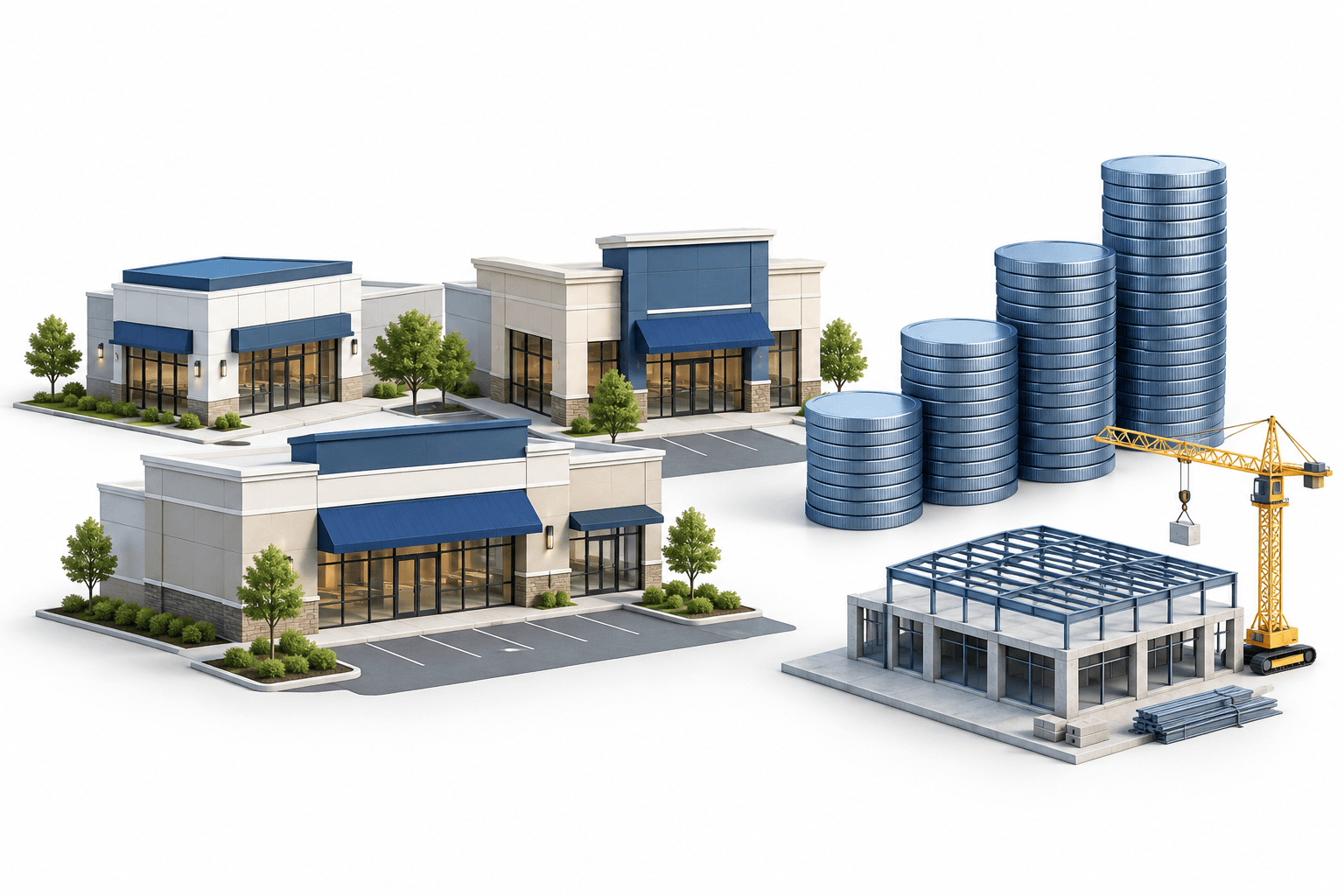 Illustration of retail properties, coins and a construction model representing Agree Realty earnings and investment activity.