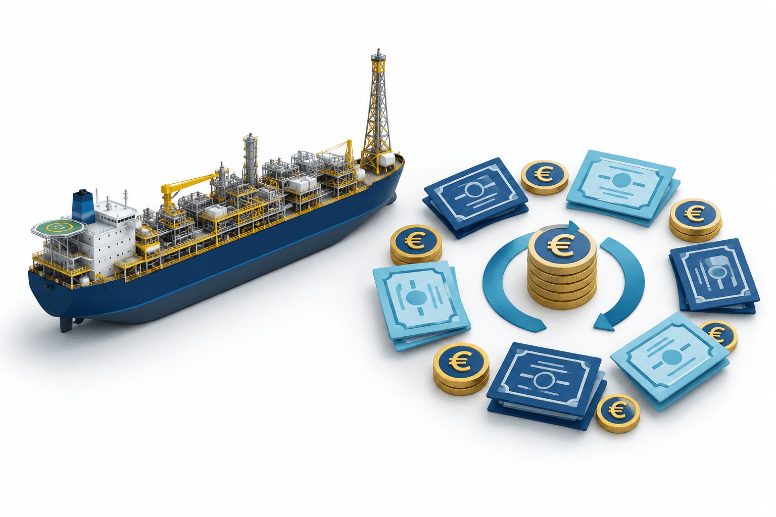 Concept illustration of the SBM Offshore buyback with an offshore vessel, abstract share certificates and euro coins.