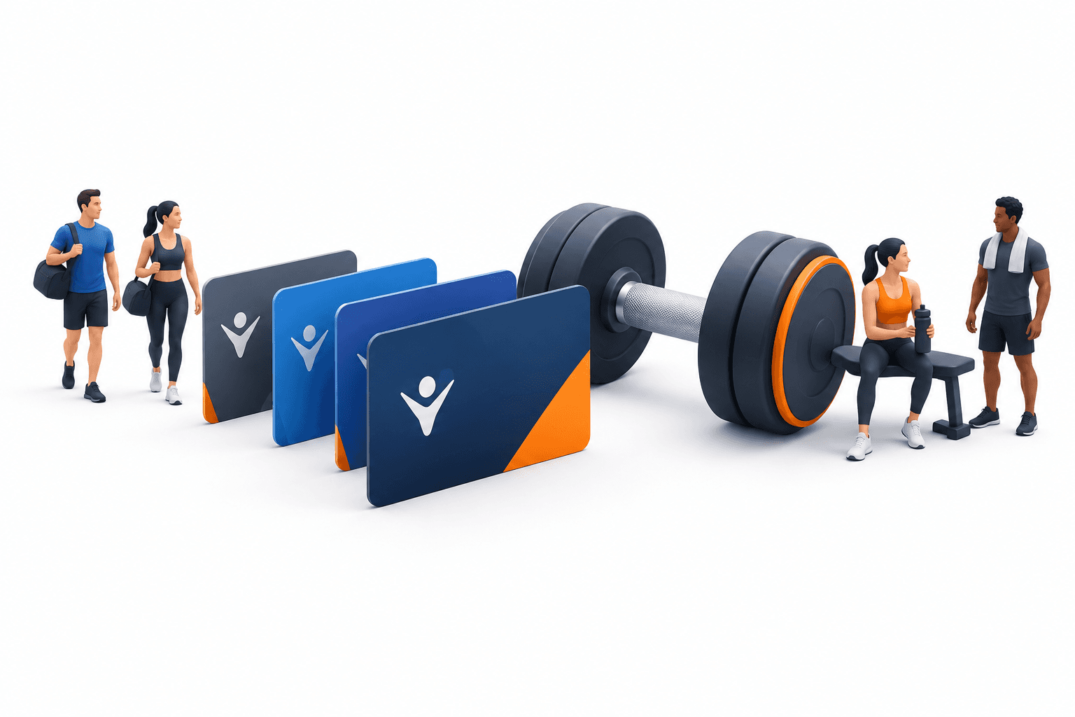 Basic-Fit update concept illustration featuring gym membership cards, a dumbbell and fitness club members.