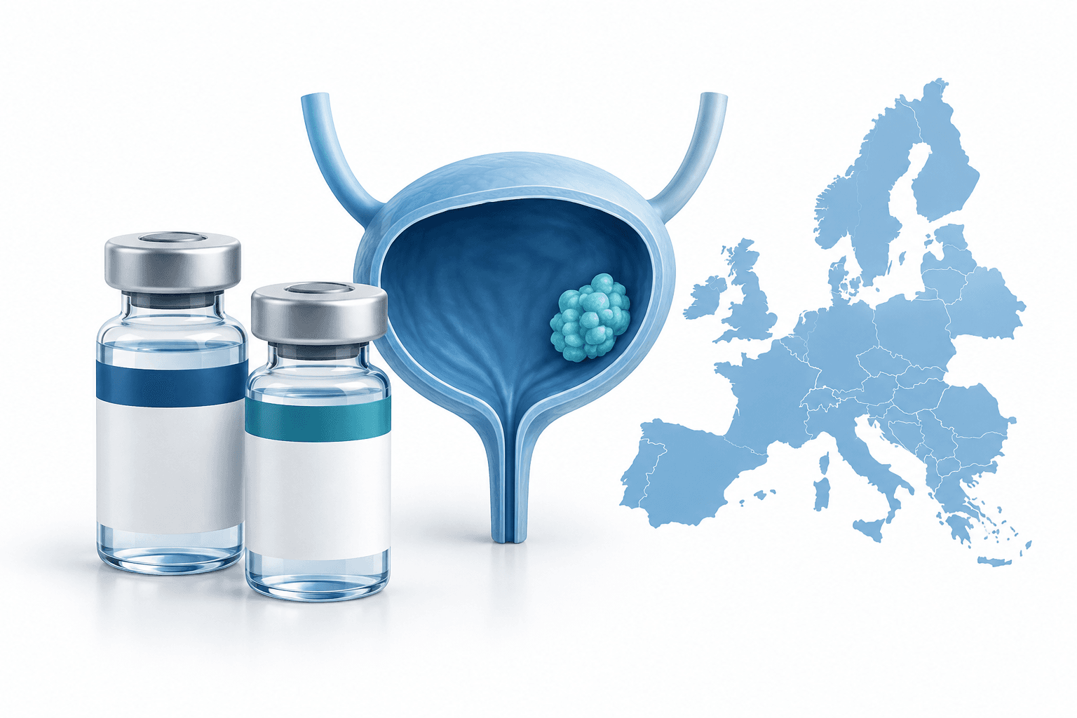 Concept illustration of medicine vials and a bladder model representing Keytruda-Padcev approval in Europe.