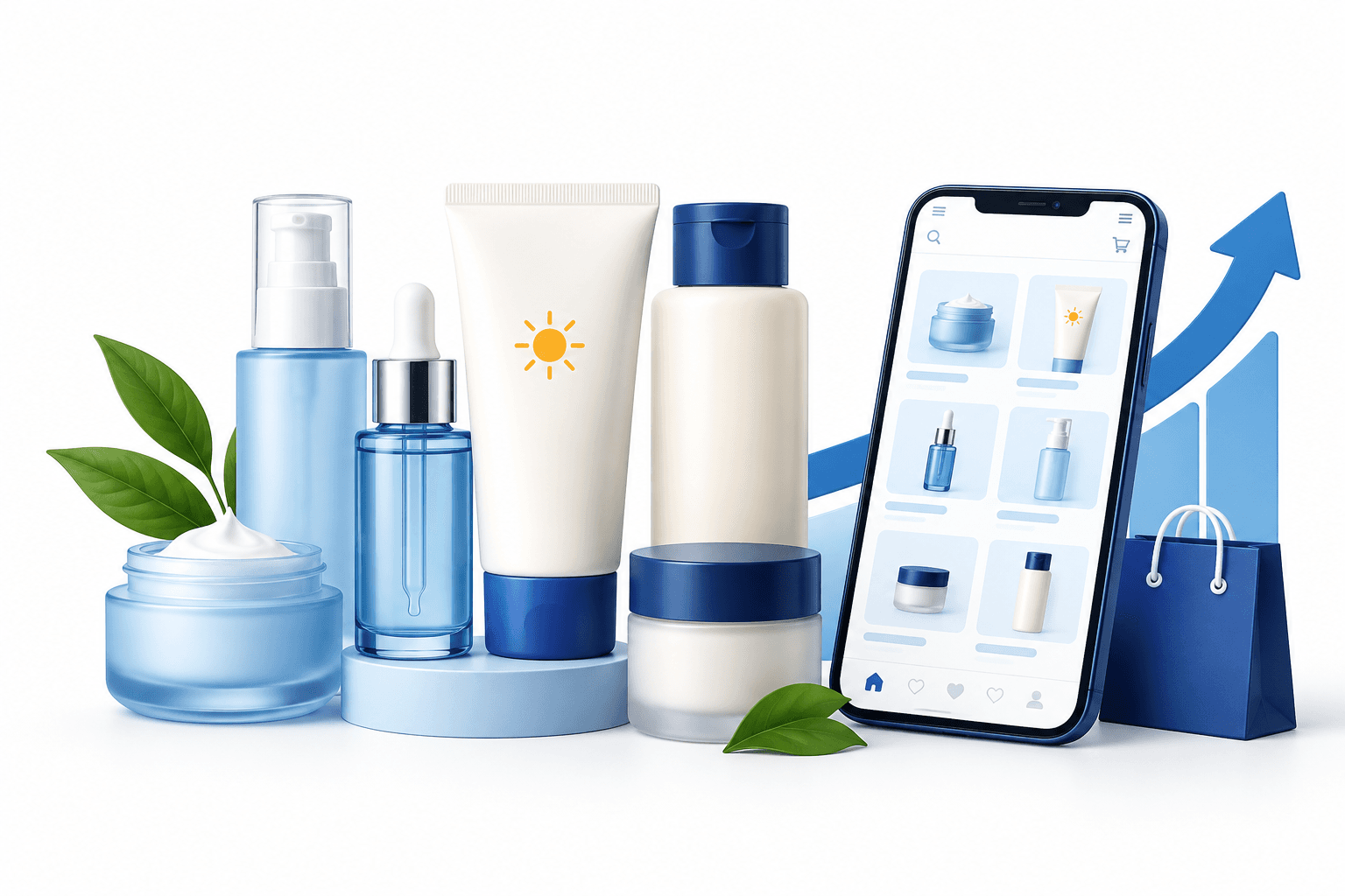 Illustration of Indian beauty brands represented by skincare products and mobile shopping