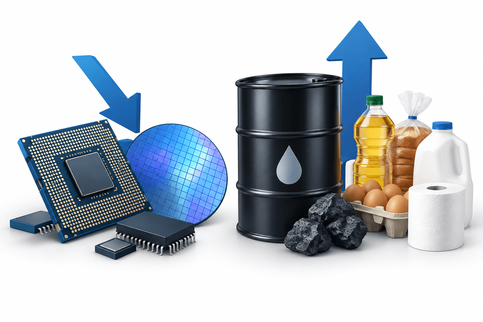 Illustration of semiconductor components, an oil barrel and consumer goods representing sectors of US stocks