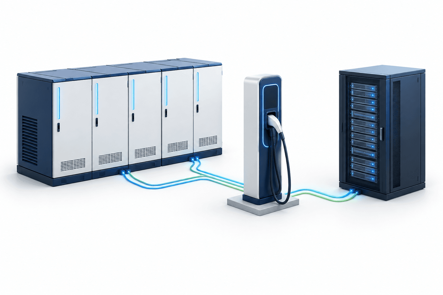 Concept illustration of energy storage, EV charging and data-center equipment accompanying SINEXCEL recognition.