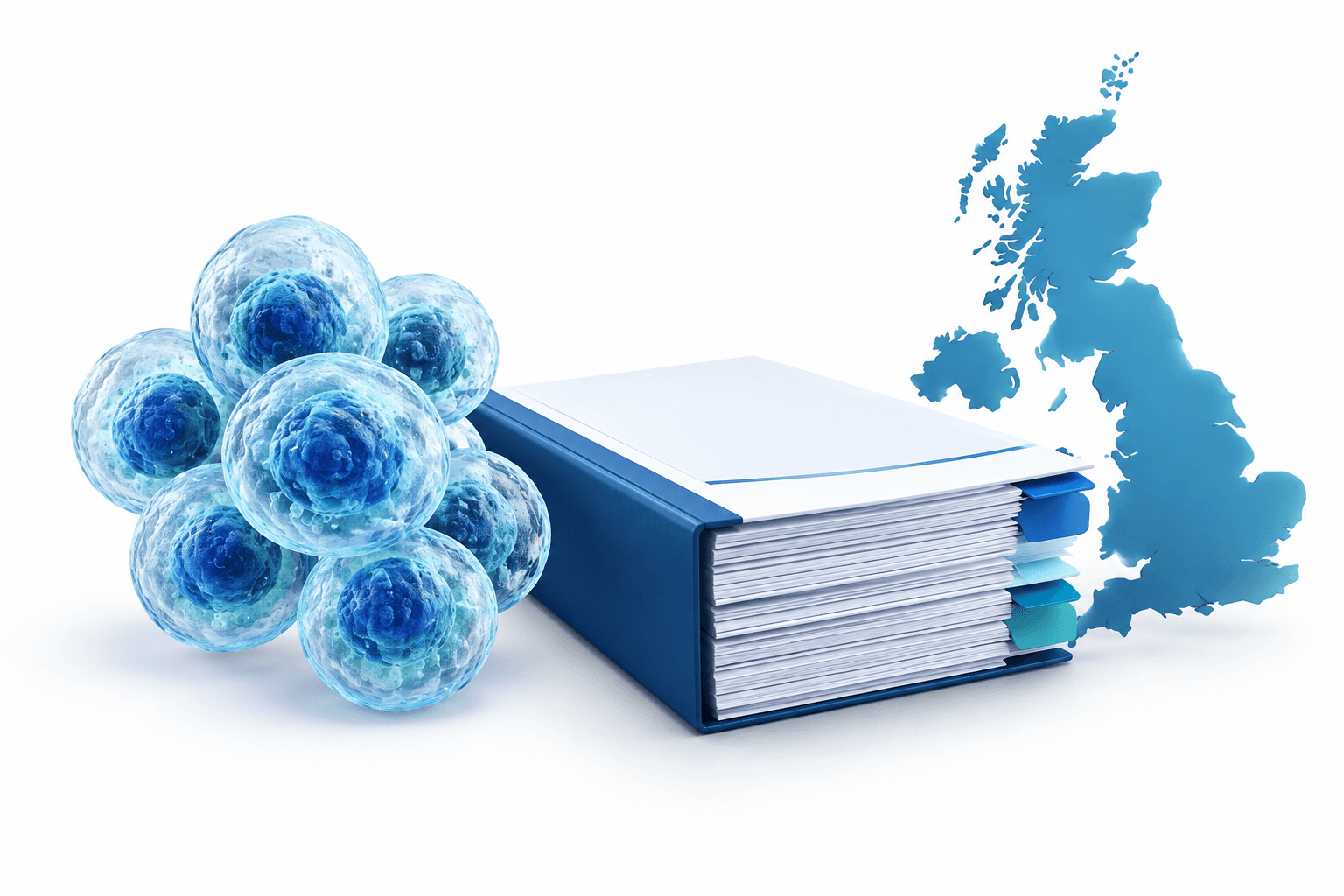 Ebstrocel filing concept illustration showing therapeutic cells beside a regulatory dossier and a United Kingdom silhouette.