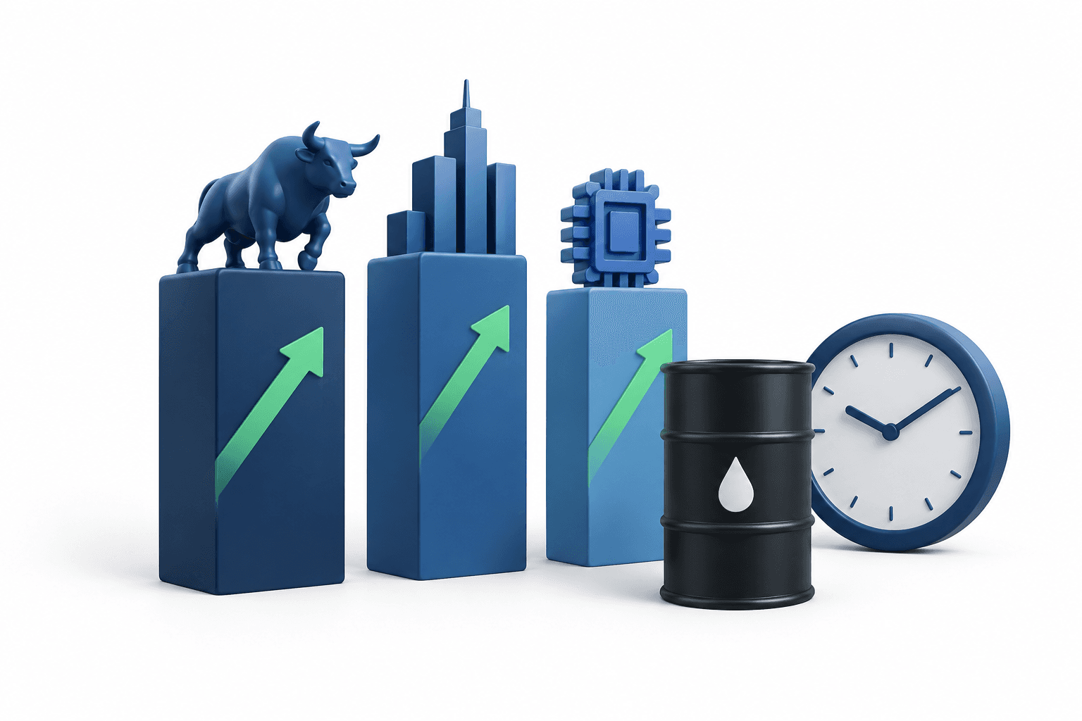 Concept illustration of Wall Street futures with abstract market pillars, an oil barrel and a premarket clock.