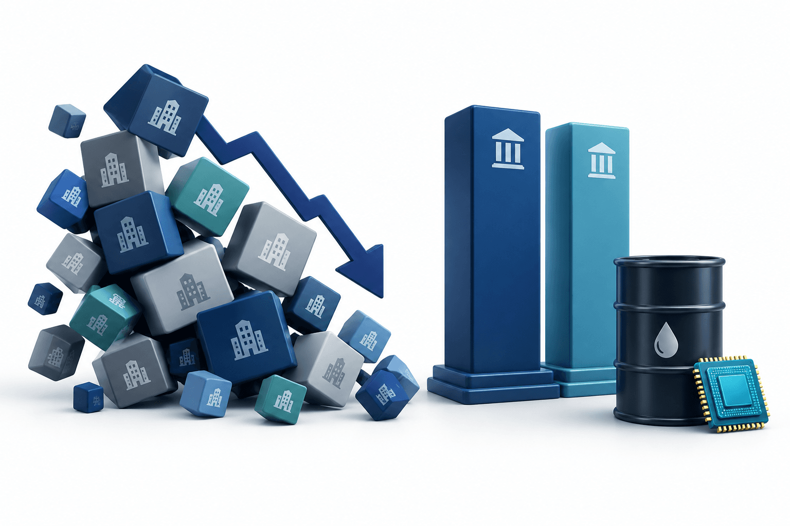 Concept illustration of Indian stocks under broad selling pressure, with oil and technology elements.