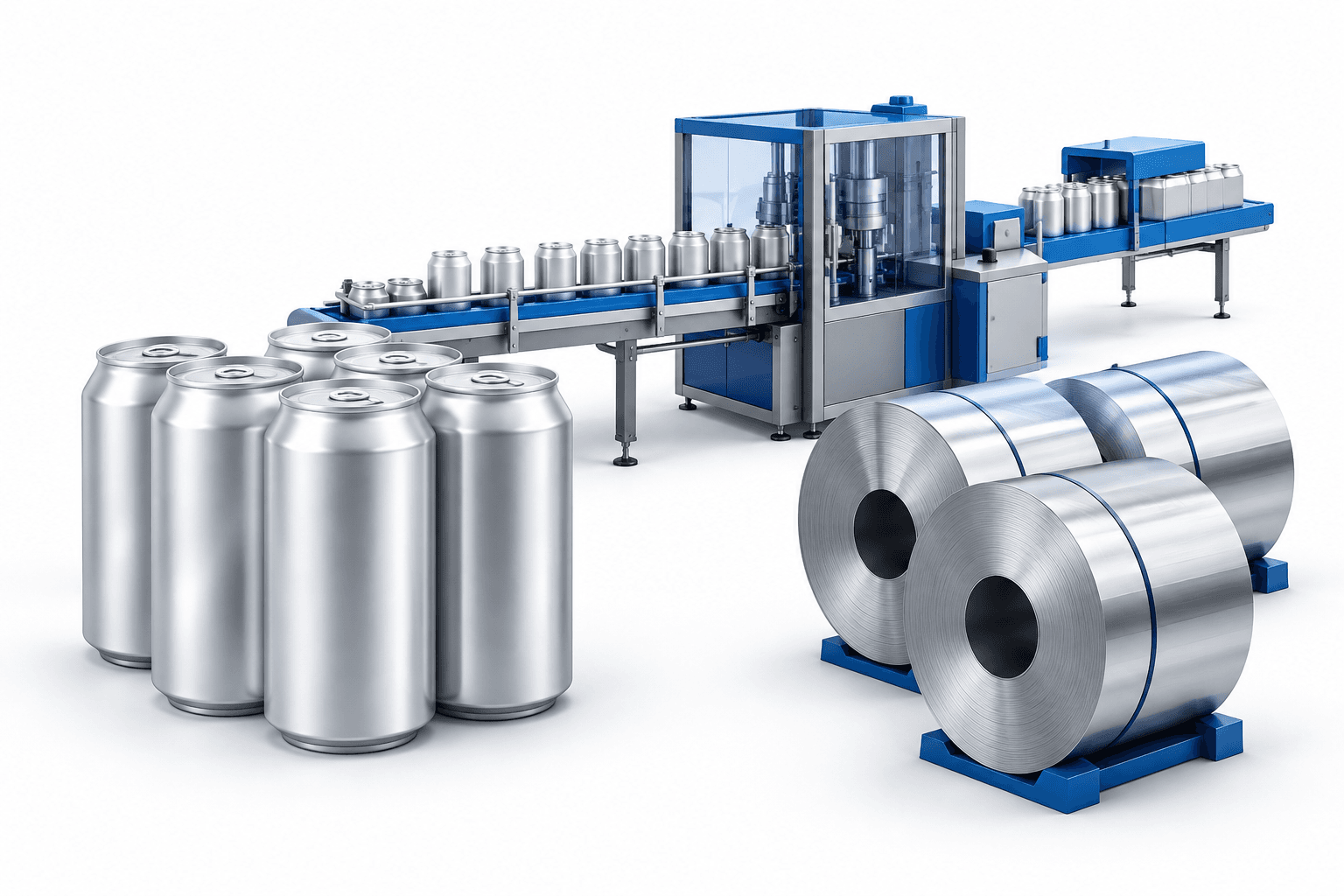 Aluminum beverage cans and an abstract production line illustrating Crown guidance and packaging operations.