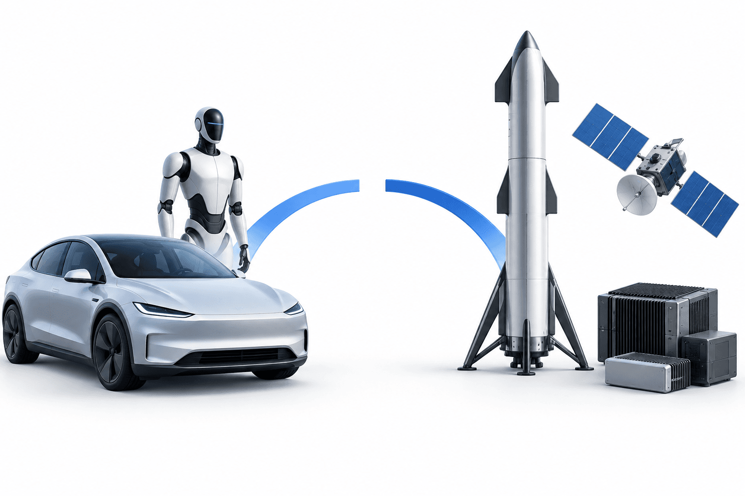 Concept illustration of a possible SpaceX Tesla merger connecting electric vehicles, robotics, satellites and computing infrastructure.