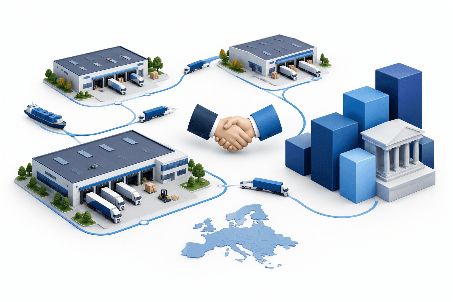Concept illustration of the Ares logistics partnership showing warehouses, transport routes and investment blocks.