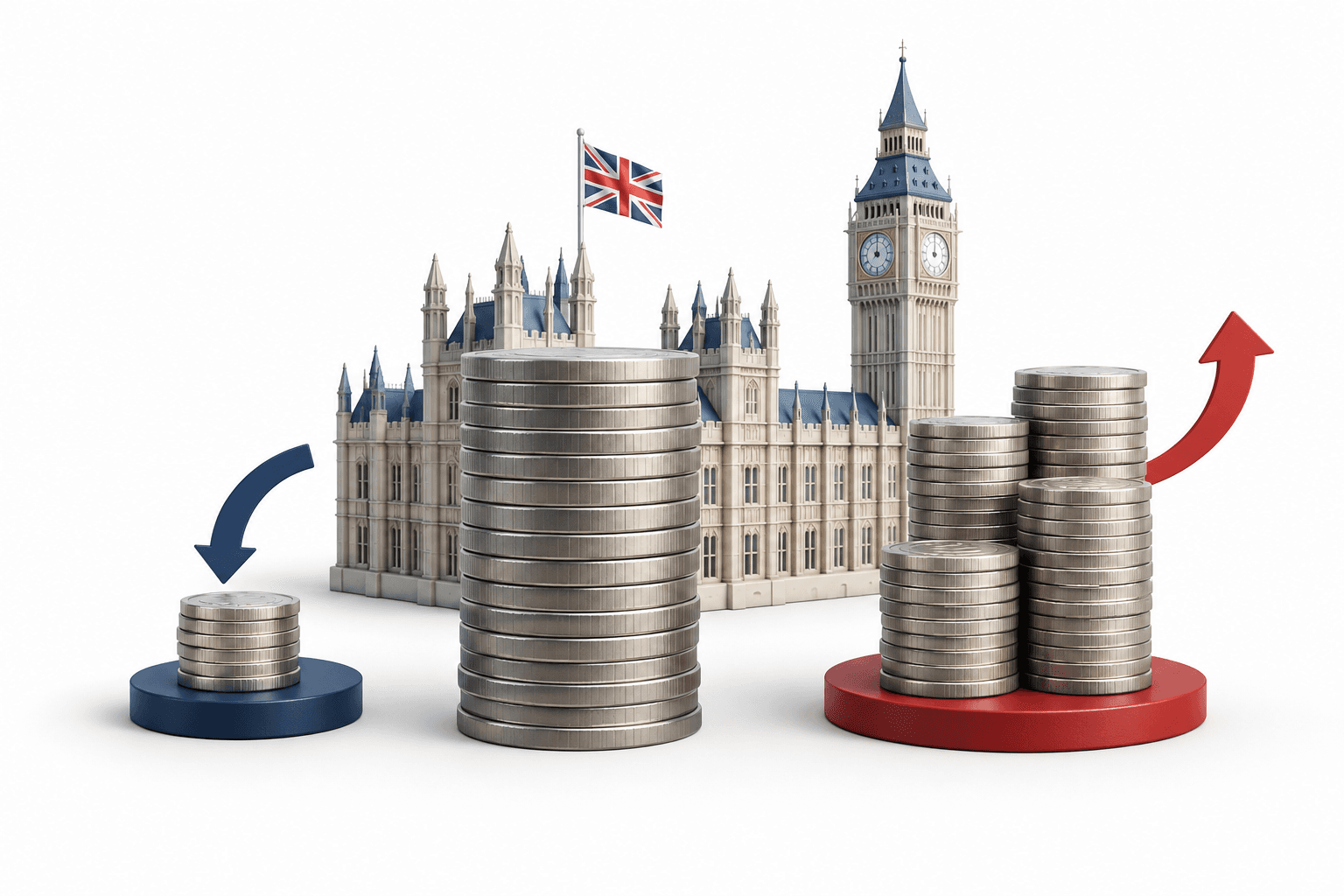 Concept illustration of UK borrowing showing government spending and income as contrasting coin stacks.