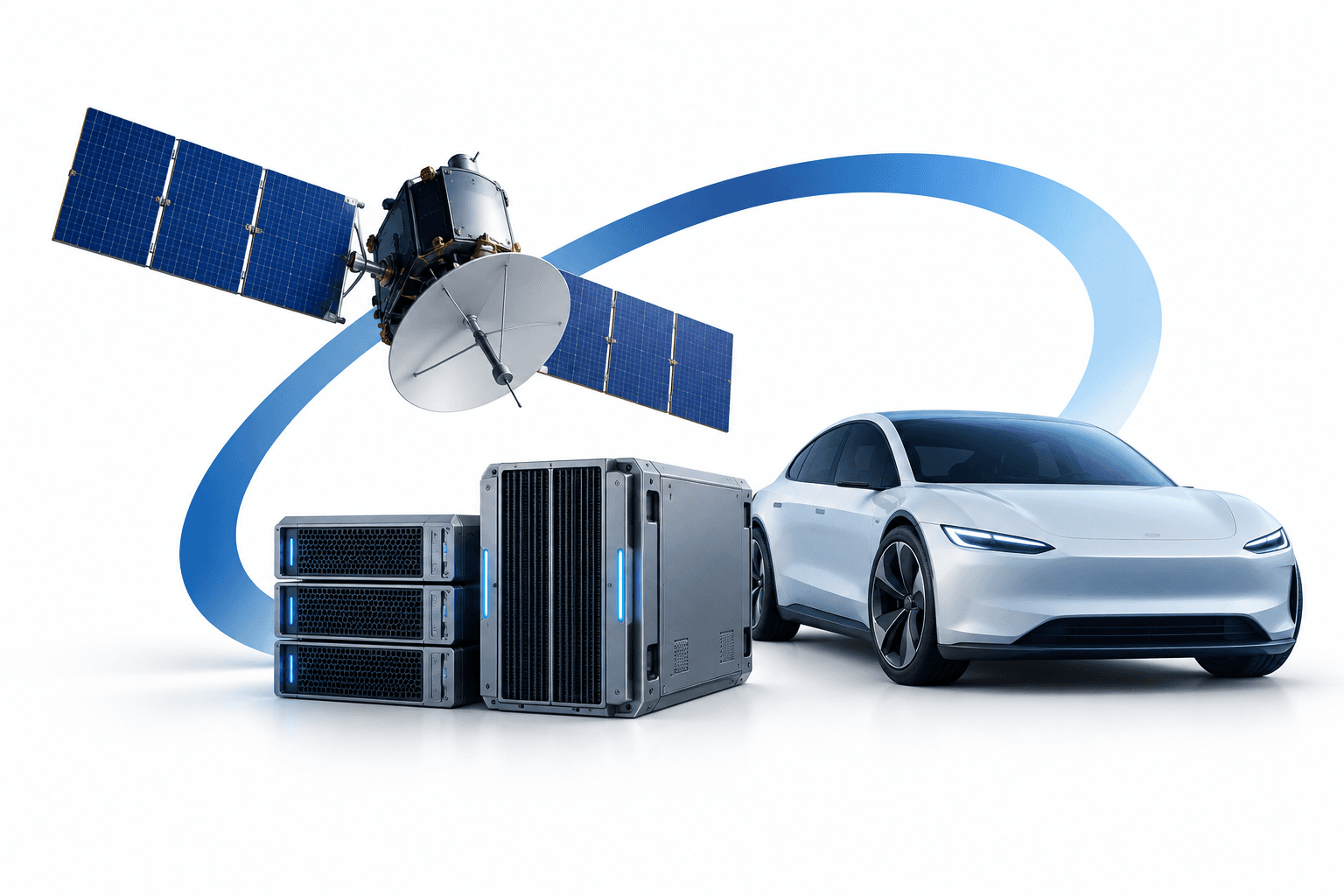 Concept illustration accompanying SpaceX shares news, with a satellite, computing servers and an electric vehicle form.