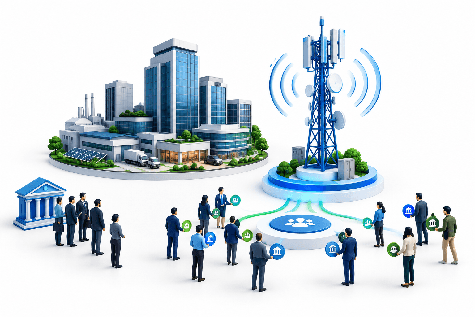 Concept illustration of the Jio IPO showing digital connectivity infrastructure beside a diversified business structure.