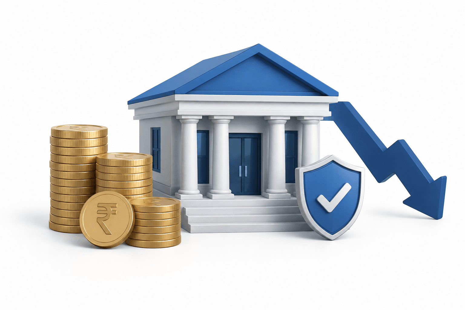 Illustration of a bank, rupee coin stacks and a credit-quality shield accompanying coverage of HDFC Bank shares.