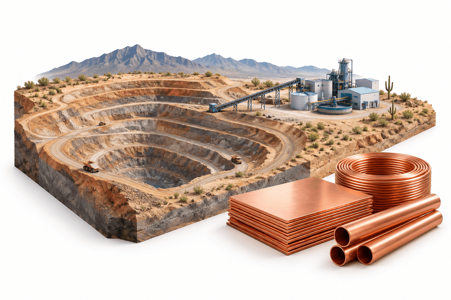 Concept illustration of Copper World mine development with terraced excavation, processing equipment and copper-colored metal.