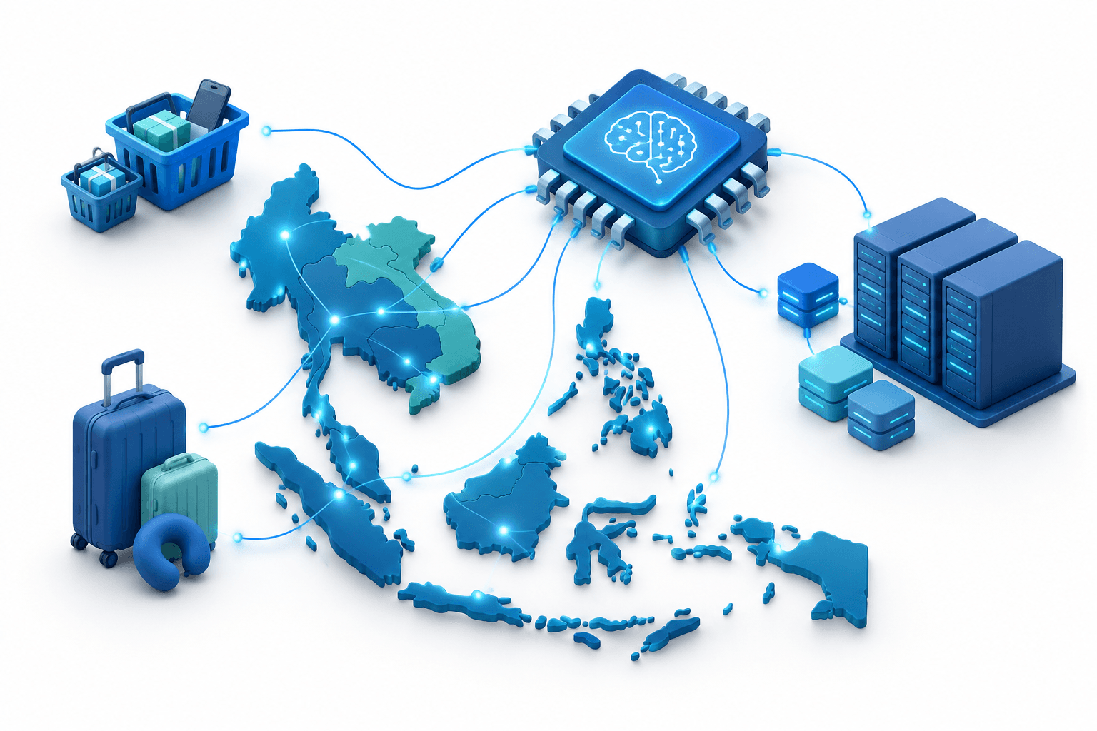 Concept illustration of Southeast Asia AI connecting digital shopping, travel and data center infrastructure.