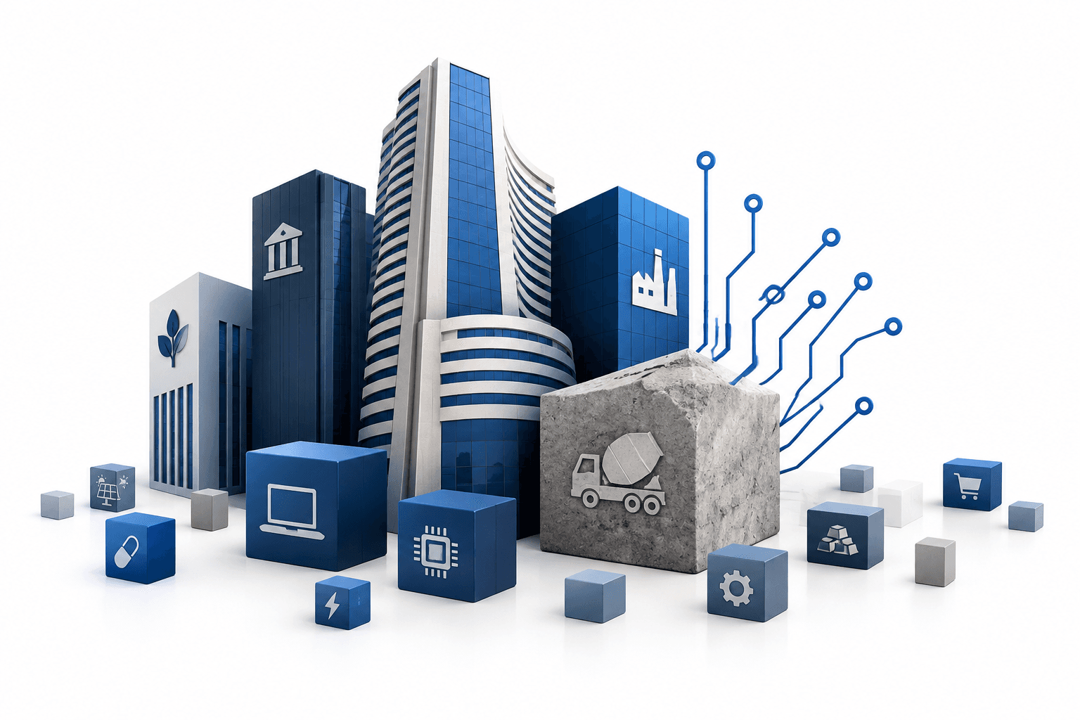 Concept illustration of the Sensex rebound led by large technology and cement companies while smaller stocks lag.