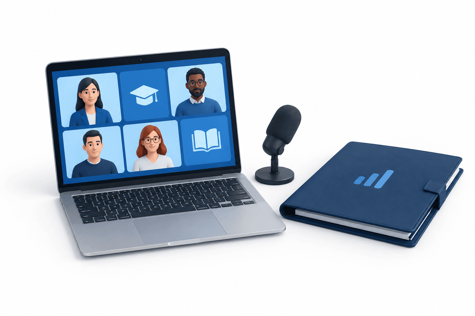Concept illustration of a laptop, financial folder and microphone representing the Stride earnings discussion.