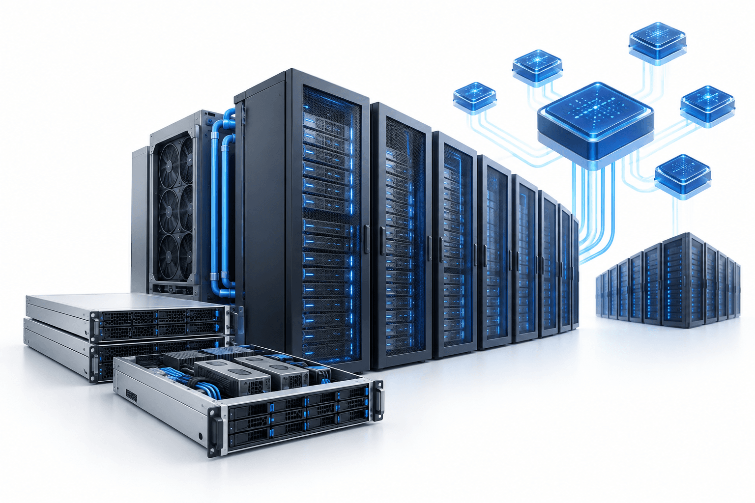 Concept illustration of server racks and AI computing infrastructure representing Supermicro revenue growth.