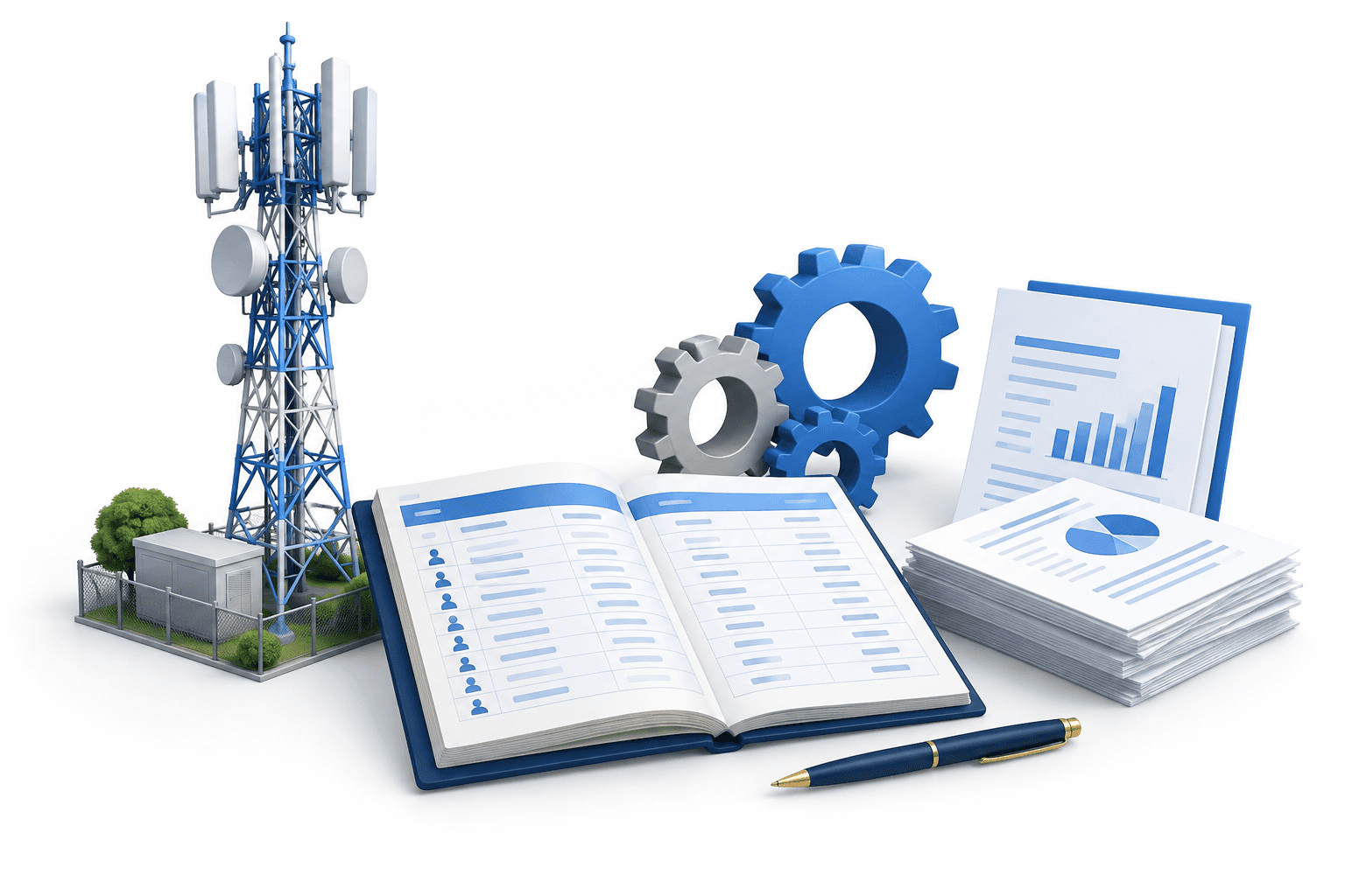 Indian stocks illustration featuring a telecom tower, subscription ledger and corporate earnings documents.