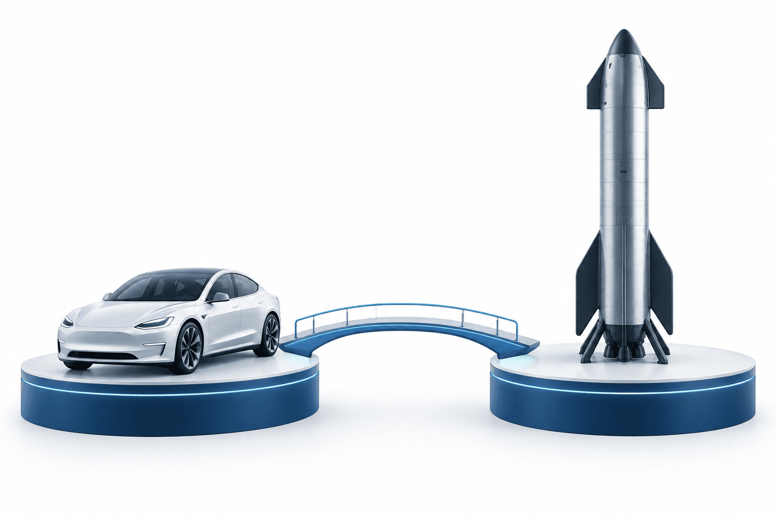 Concept illustration of a potential Tesla SpaceX merger, with an electric vehicle and rocket on separate connected platforms.