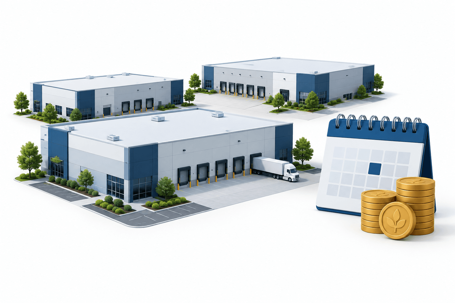 Concept illustration of industrial distribution buildings and a calendar for the EastGroup earnings preview.
